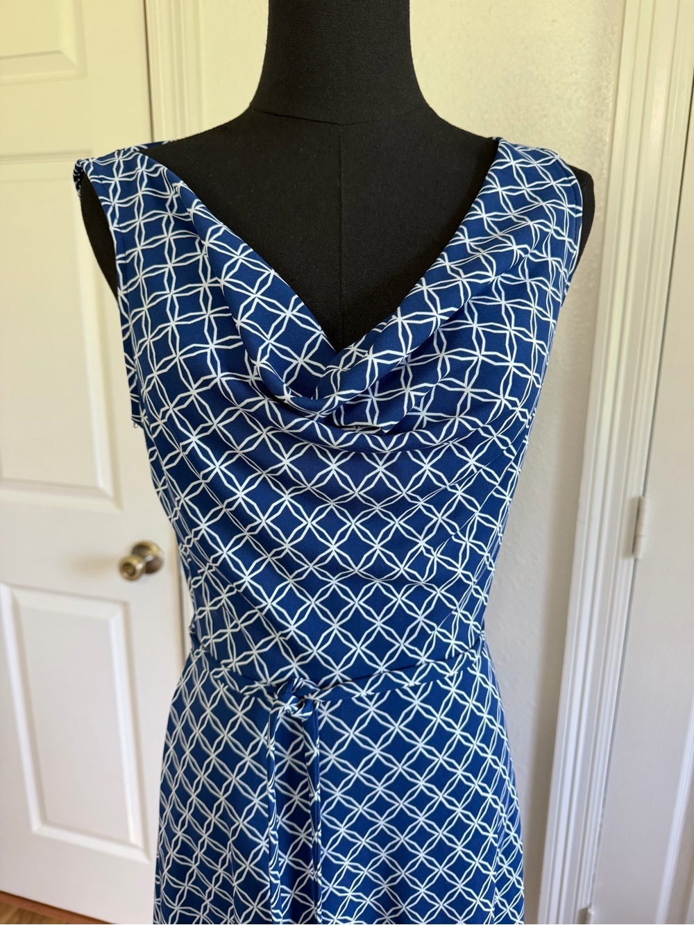 Y2K Express Blue Geometric Cowl Neck Dress Office fit &flare Grandmillennial 7/8 - Picture 2 of 7